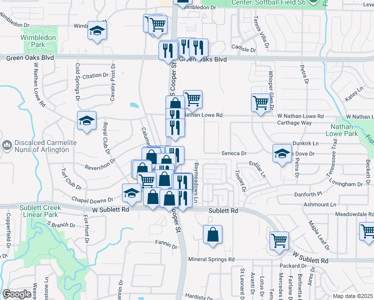 map of restaurants, bars, coffee shops, grocery stores, and more near 5701 South Cooper Street in Arlington