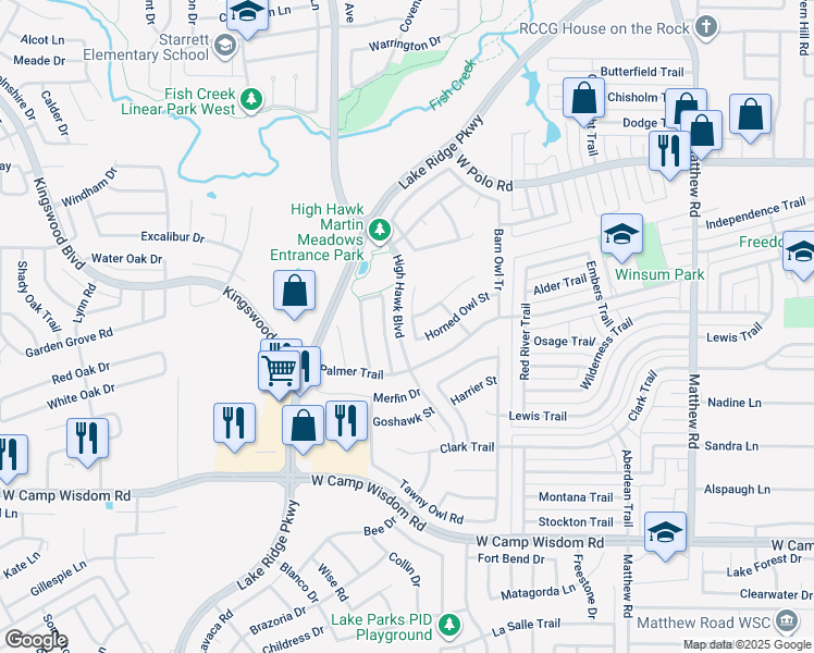 map of restaurants, bars, coffee shops, grocery stores, and more near 4919 Soaring Eagle Court in Grand Prairie