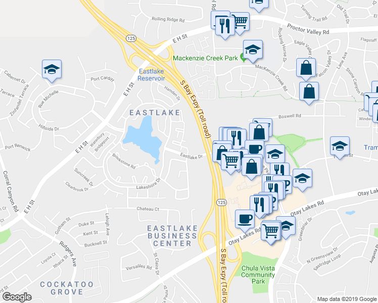 map of restaurants, bars, coffee shops, grocery stores, and more near 761 Eastshore Terrace in Chula Vista
