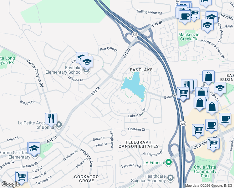 map of restaurants, bars, coffee shops, grocery stores, and more near 2050 Lakeshore Drive in Chula Vista