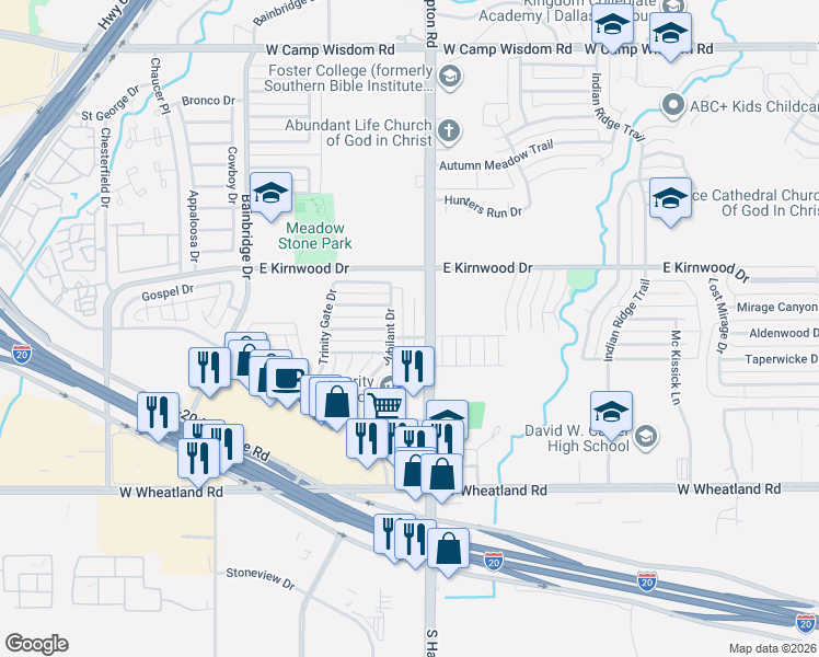 map of restaurants, bars, coffee shops, grocery stores, and more near 7721 Kirkland Court in Dallas