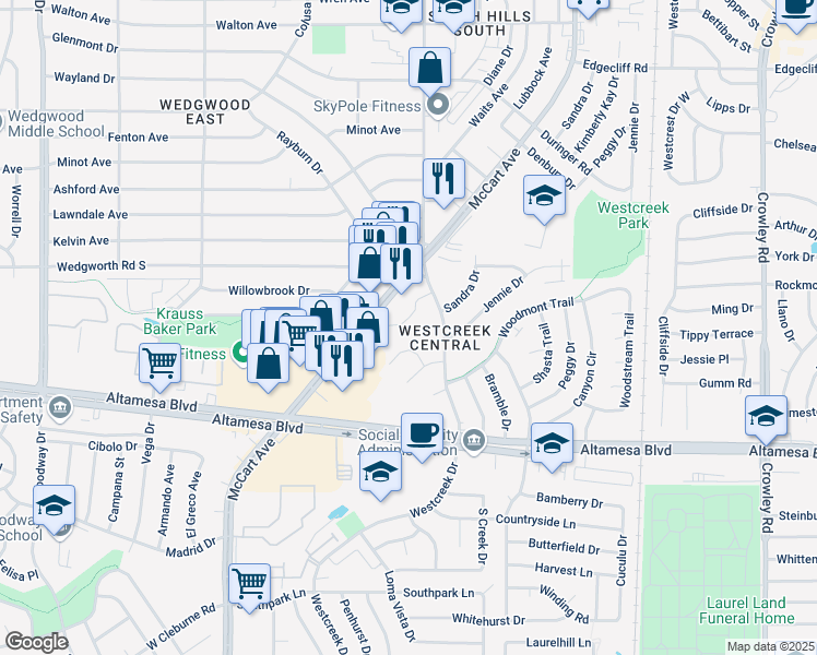 map of restaurants, bars, coffee shops, grocery stores, and more near 6205 Finbro Drive in Fort Worth
