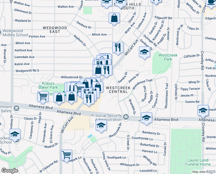 map of restaurants, bars, coffee shops, grocery stores, and more near 6205 Finbro Drive in Fort Worth