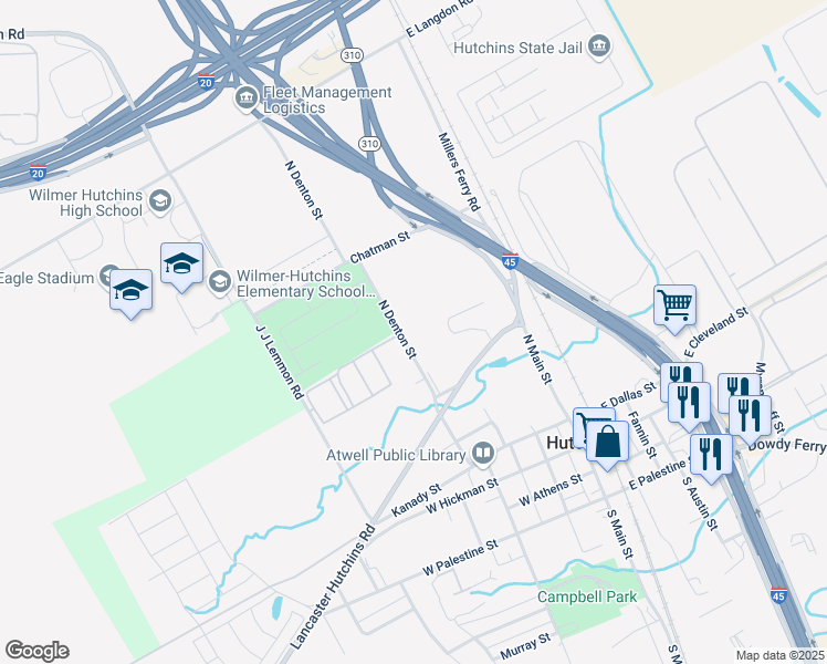 map of restaurants, bars, coffee shops, grocery stores, and more near 600 North Denton Street in Hutchins