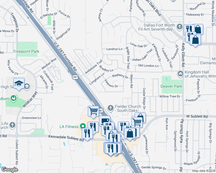 map of restaurants, bars, coffee shops, grocery stores, and more near 5007 Vaquero Drive in Arlington