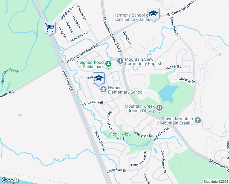 map of restaurants, bars, coffee shops, grocery stores, and more near 5740 Hunters Bend Lane in Dallas