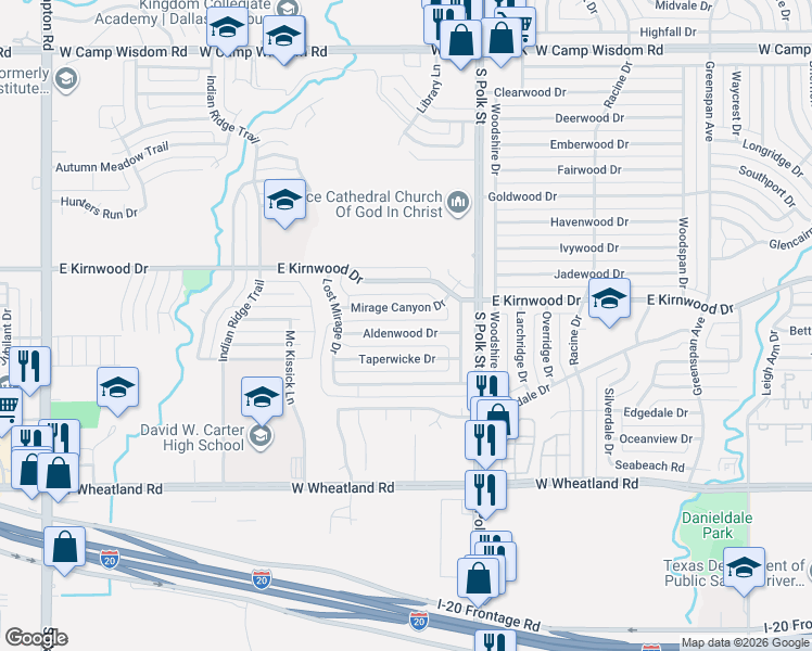 map of restaurants, bars, coffee shops, grocery stores, and more near 1312 Mirage Canyon Drive in Dallas