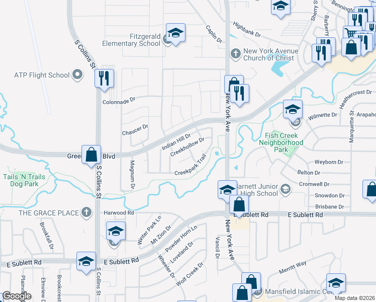 map of restaurants, bars, coffee shops, grocery stores, and more near 5702 Streamside Drive in Arlington