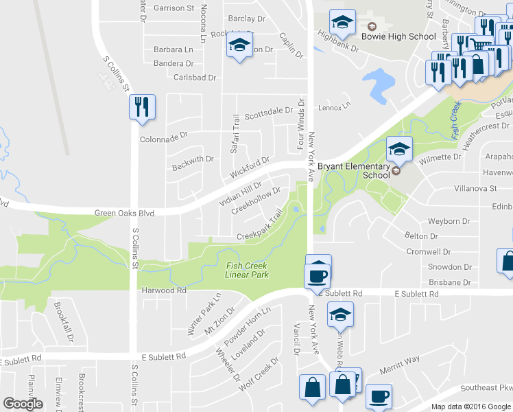 map of restaurants, bars, coffee shops, grocery stores, and more near 5702 Streamside Drive in Arlington