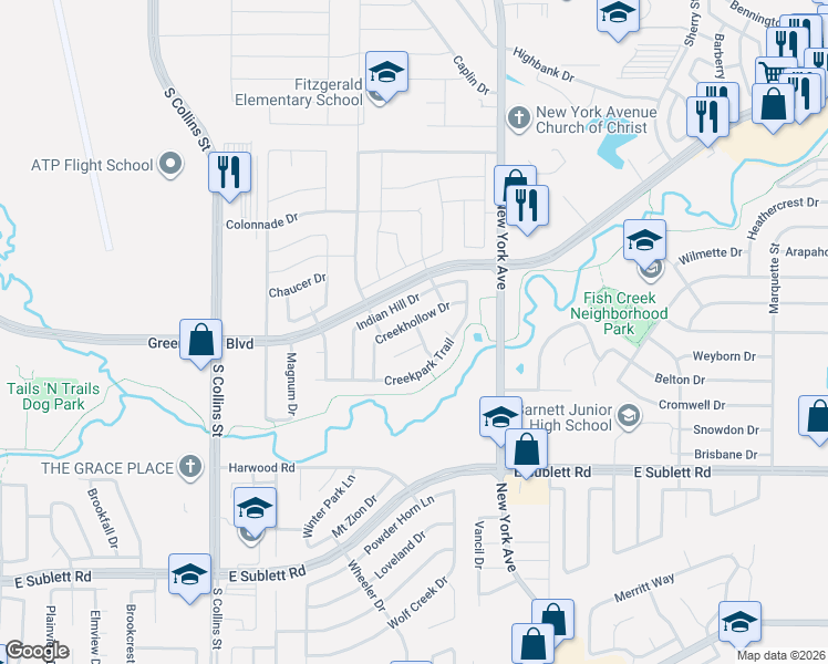 map of restaurants, bars, coffee shops, grocery stores, and more near 5619 Creekhollow Drive in Arlington