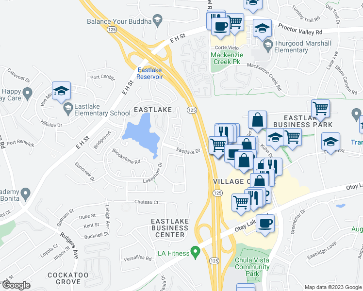 map of restaurants, bars, coffee shops, grocery stores, and more near 780 Eastshore Terrace in Chula Vista