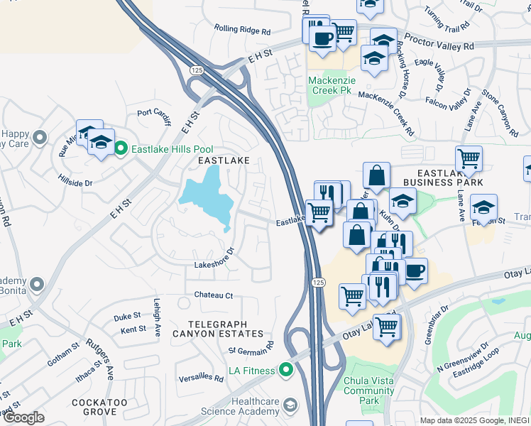 map of restaurants, bars, coffee shops, grocery stores, and more near 758 Eastshore Terrace in Chula Vista