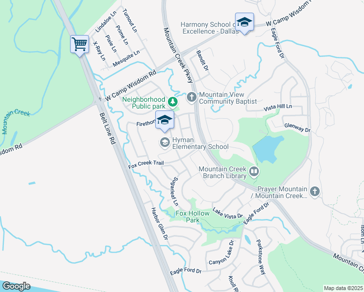 map of restaurants, bars, coffee shops, grocery stores, and more near 5740 Hunters Bend Lane in Dallas