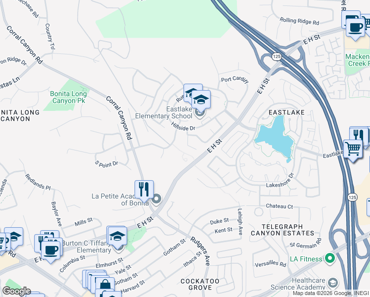 map of restaurants, bars, coffee shops, grocery stores, and more near 678 Rue Avallon in Chula Vista