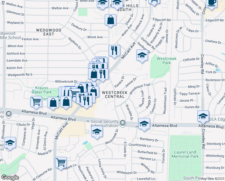 map of restaurants, bars, coffee shops, grocery stores, and more near 6256 Westcreek Drive in Fort Worth
