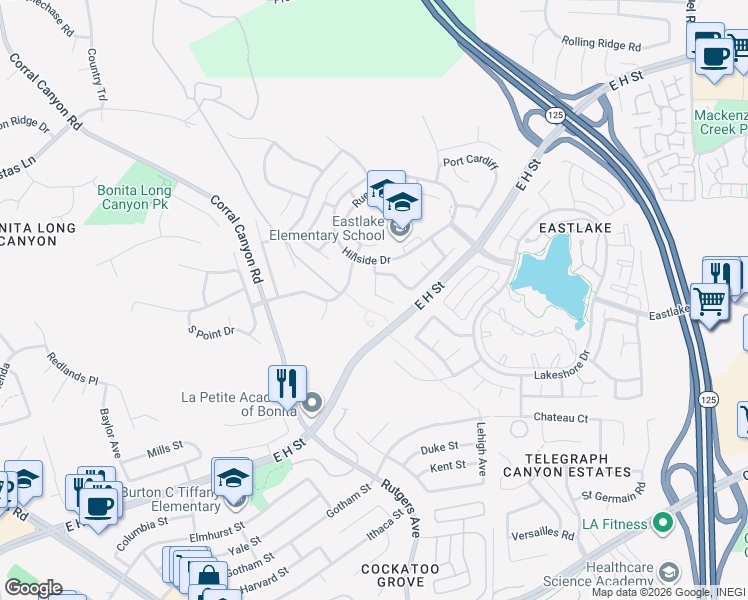 map of restaurants, bars, coffee shops, grocery stores, and more near 678 Rue Avallon in Chula Vista