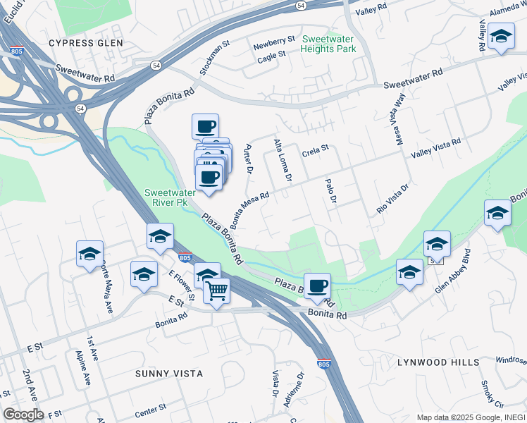 map of restaurants, bars, coffee shops, grocery stores, and more near Grandview Place in Bonita