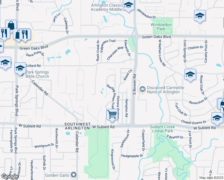 map of restaurants, bars, coffee shops, grocery stores, and more near 5735 Sterling Green Trail in Arlington