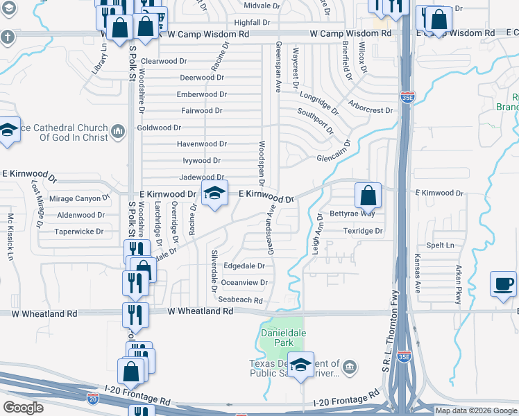 map of restaurants, bars, coffee shops, grocery stores, and more near 718 East Kirnwood Drive in Dallas