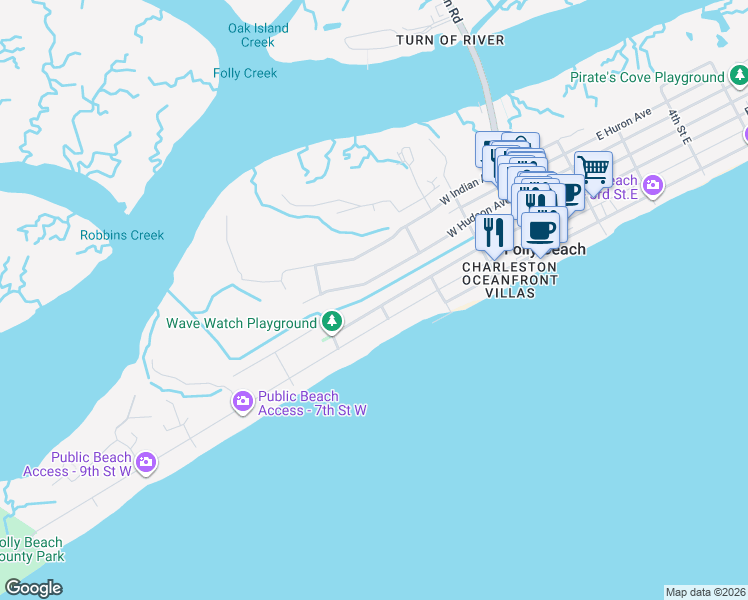 map of restaurants, bars, coffee shops, grocery stores, and more near 401 West Hudson Avenue in Folly Beach