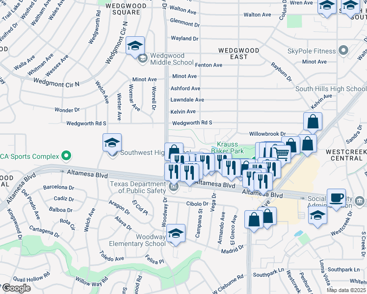 map of restaurants, bars, coffee shops, grocery stores, and more near 6250 Horton Circle in Fort Worth