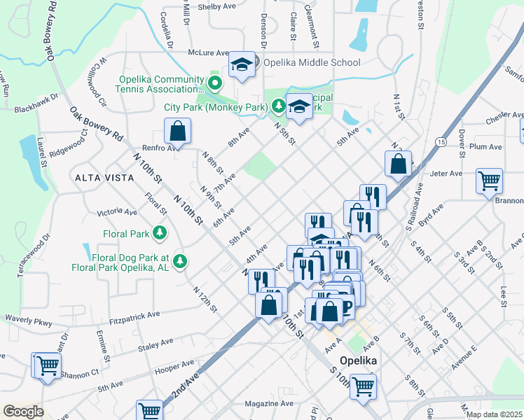 map of restaurants, bars, coffee shops, grocery stores, and more near 501 North 8th Street in Opelika