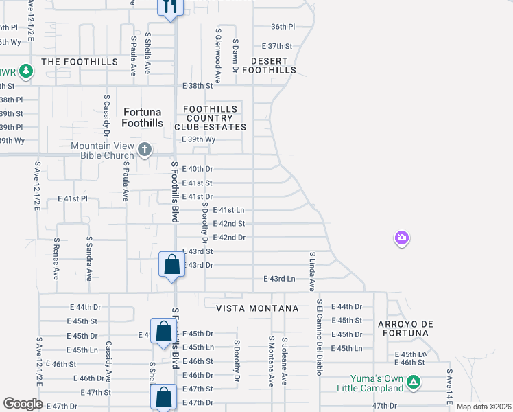 map of restaurants, bars, coffee shops, grocery stores, and more near 13320 East 41st Lane in Yuma