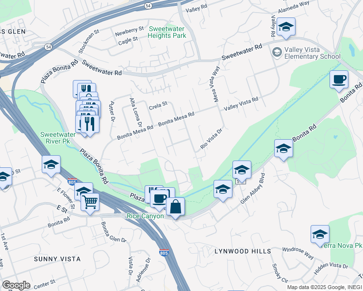 map of restaurants, bars, coffee shops, grocery stores, and more near 3212 Mesa Verde Road in Bonita
