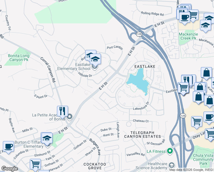 map of restaurants, bars, coffee shops, grocery stores, and more near 2042 Waterbury in Chula Vista