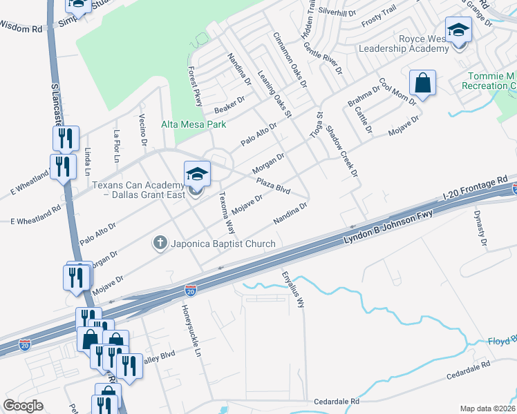 map of restaurants, bars, coffee shops, grocery stores, and more near 3116 Mojave Drive in Dallas
