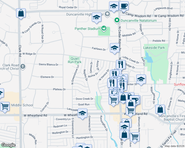 map of restaurants, bars, coffee shops, grocery stores, and more near 223 Roma Drive in Duncanville