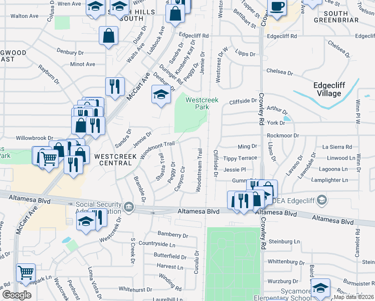 map of restaurants, bars, coffee shops, grocery stores, and more near 2308 Fall Court in Fort Worth