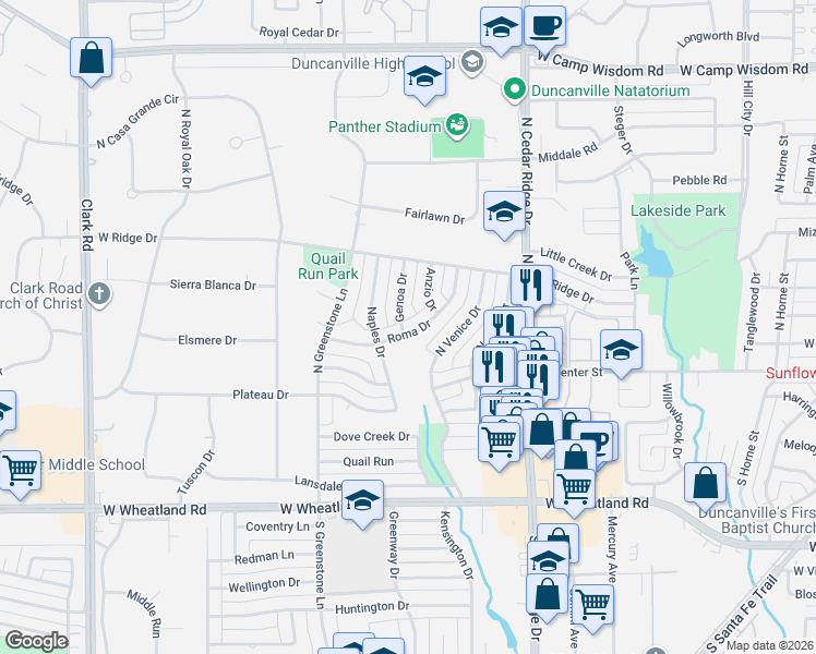 map of restaurants, bars, coffee shops, grocery stores, and more near 223 Roma Drive in Duncanville