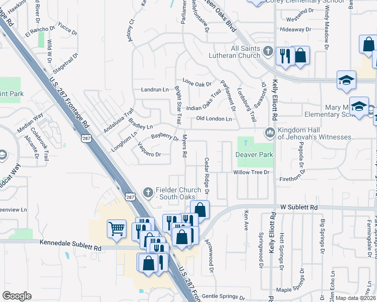 map of restaurants, bars, coffee shops, grocery stores, and more near 5714 Myers Road in Arlington