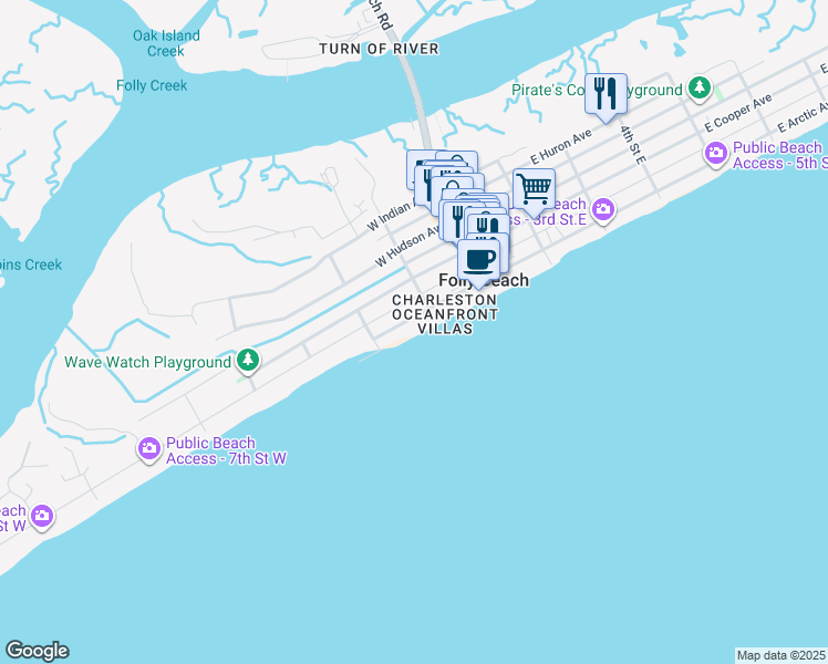 map of restaurants, bars, coffee shops, grocery stores, and more near 201 West Arctic Avenue in Folly Beach