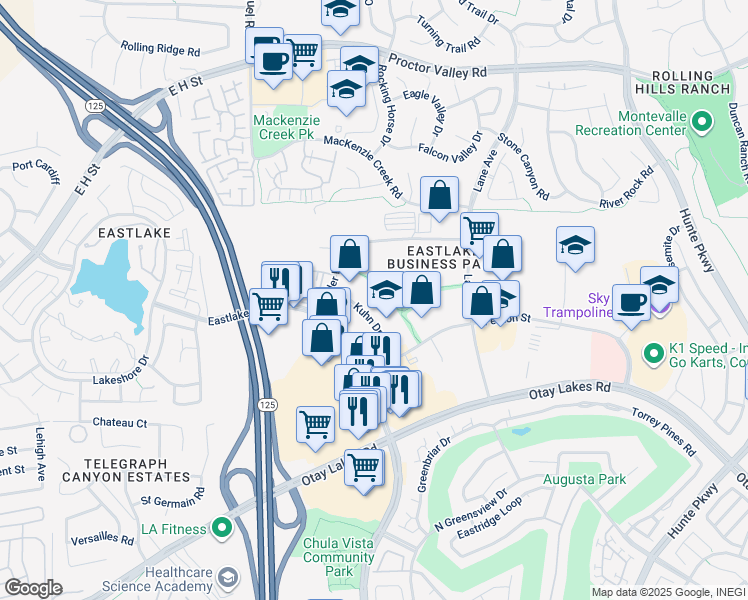 map of restaurants, bars, coffee shops, grocery stores, and more near 841 Kuhn Drive in Chula Vista