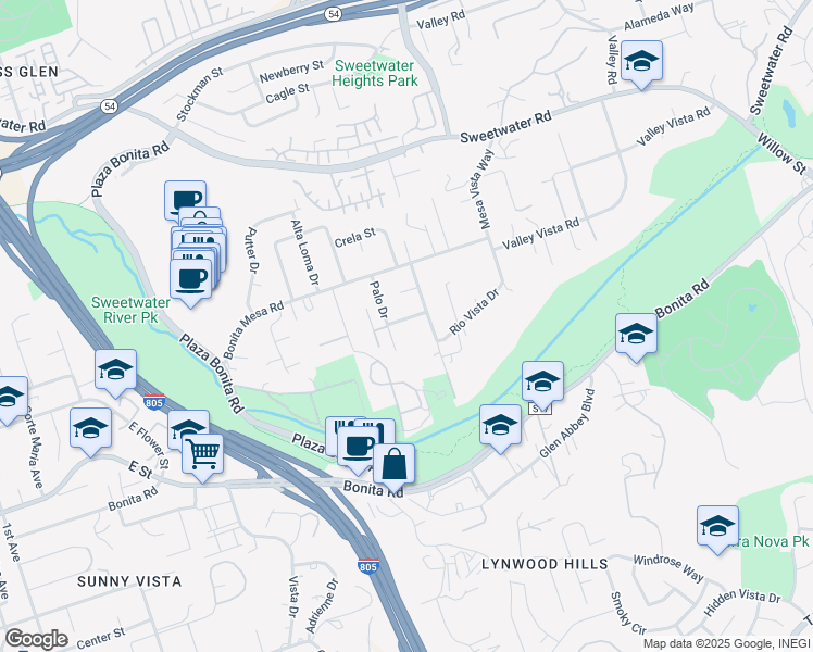 map of restaurants, bars, coffee shops, grocery stores, and more near 3212 Mesa Verde Road in Bonita