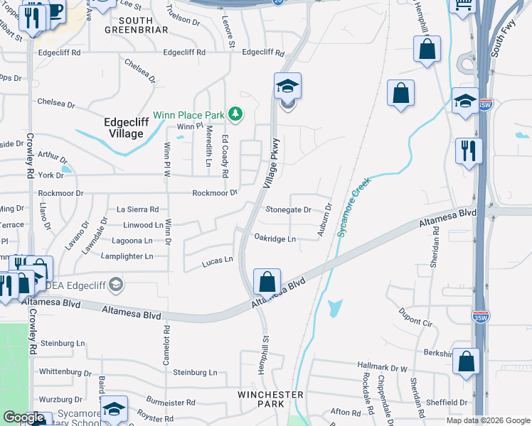 map of restaurants, bars, coffee shops, grocery stores, and more near 85 Lucas Lane in Fort Worth