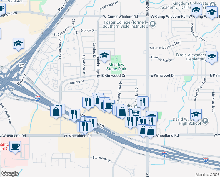 map of restaurants, bars, coffee shops, grocery stores, and more near 2715 Tranquil Way in Dallas