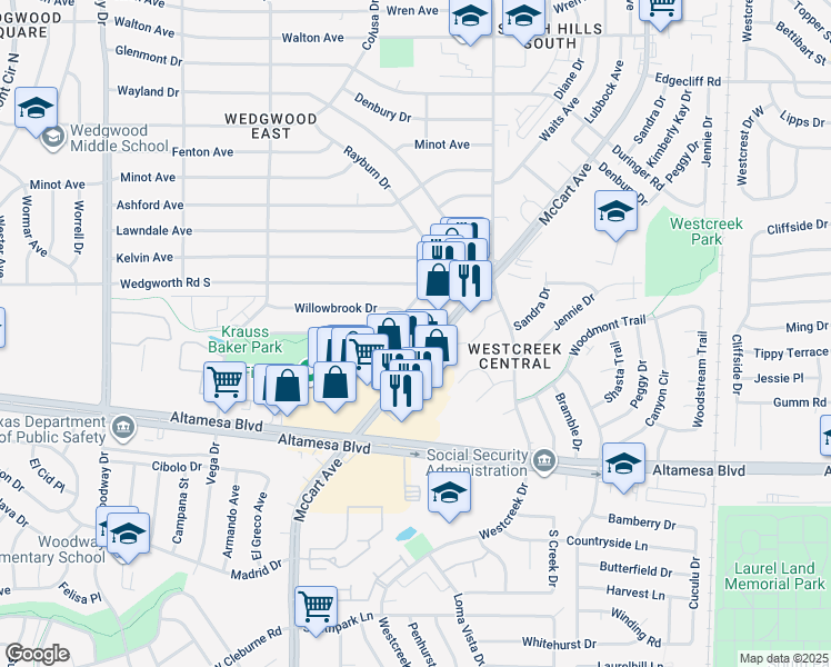 map of restaurants, bars, coffee shops, grocery stores, and more near 3313 Park Lake Drive in Fort Worth