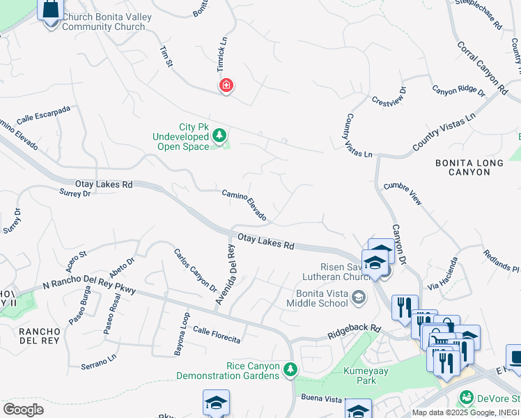 map of restaurants, bars, coffee shops, grocery stores, and more near 467 Camino Elevado in Bonita
