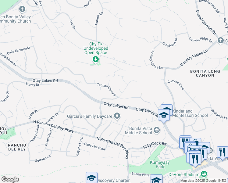map of restaurants, bars, coffee shops, grocery stores, and more near 467 Camino Elevado in Bonita