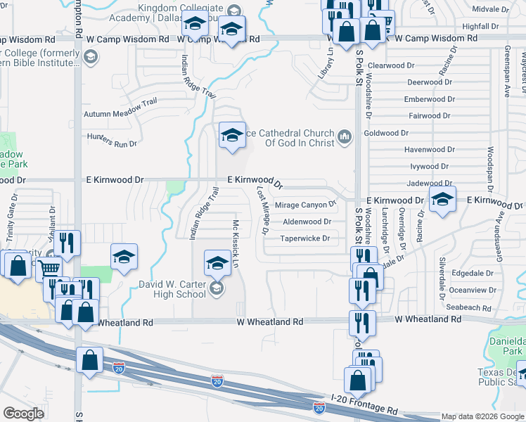 map of restaurants, bars, coffee shops, grocery stores, and more near 7734 Lost Mirage Drive in Dallas