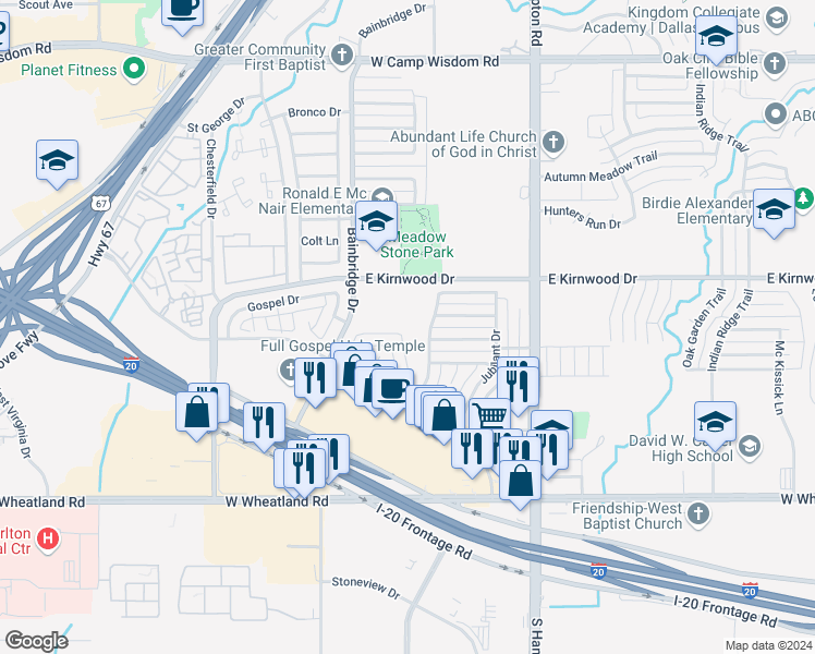 map of restaurants, bars, coffee shops, grocery stores, and more near 2715 Tranquil Way in Dallas
