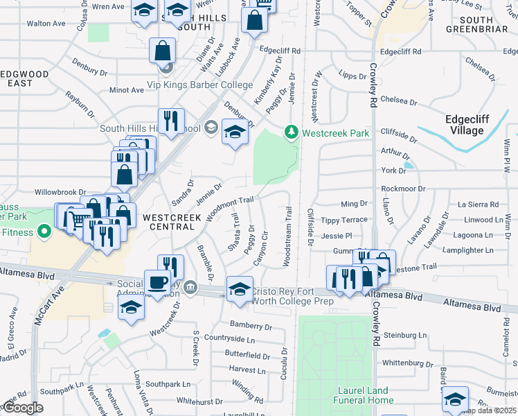 map of restaurants, bars, coffee shops, grocery stores, and more near 2407 Woodmont Trail in Fort Worth
