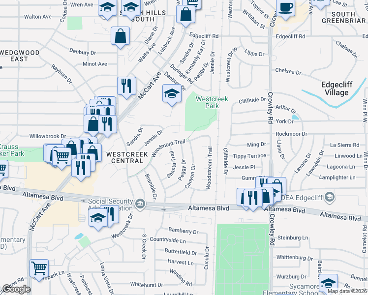 map of restaurants, bars, coffee shops, grocery stores, and more near 2407 Woodmont Trail in Fort Worth