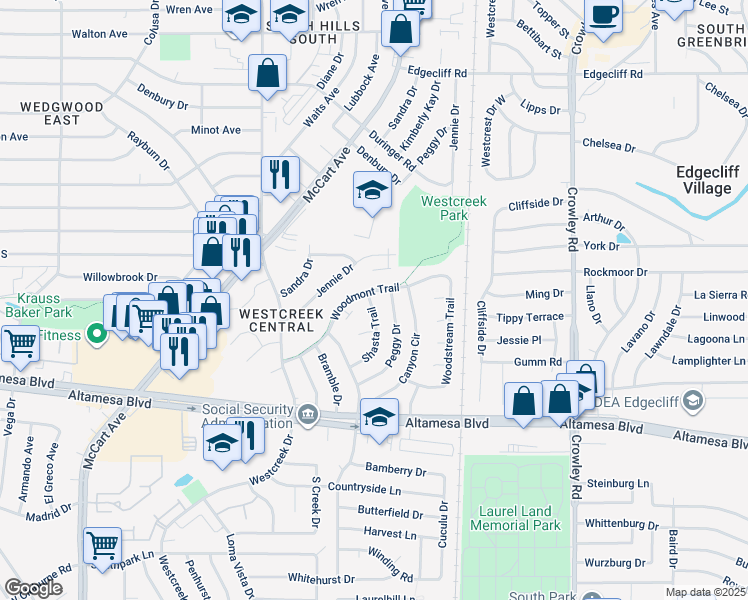 map of restaurants, bars, coffee shops, grocery stores, and more near 2601 Woodmont Trail in Fort Worth