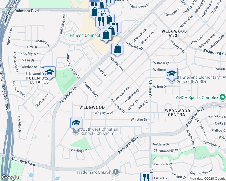 map of restaurants, bars, coffee shops, grocery stores, and more near 6416 Winifred Drive in Fort Worth