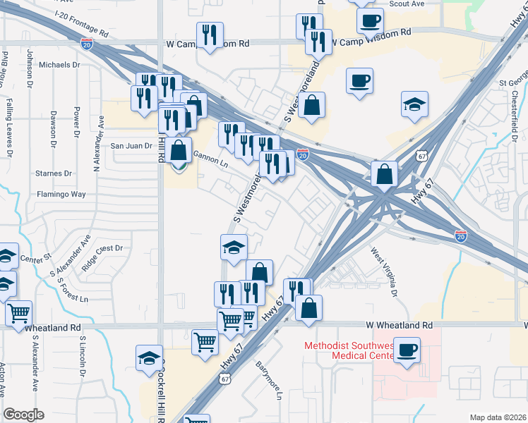 map of restaurants, bars, coffee shops, grocery stores, and more near 7550 South Westmoreland Road in Dallas