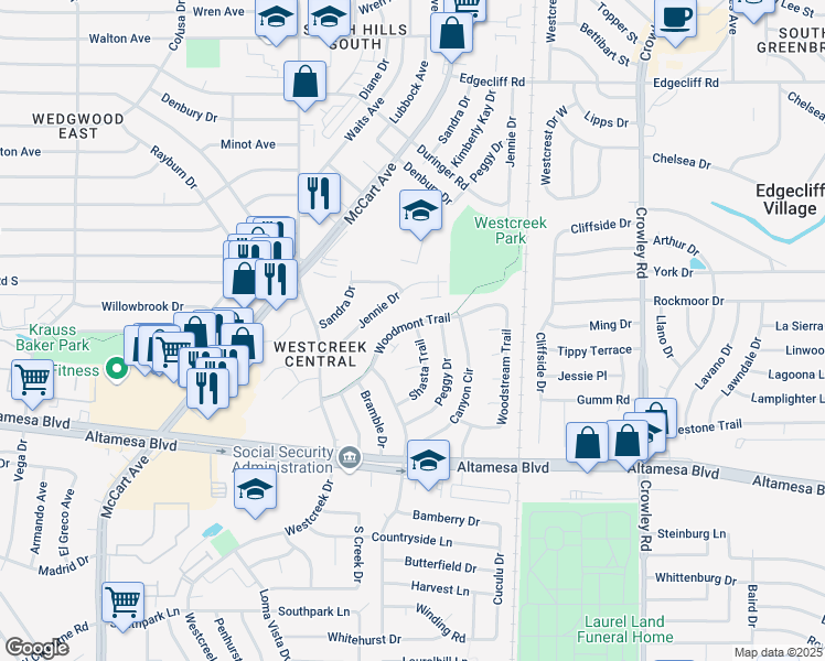 map of restaurants, bars, coffee shops, grocery stores, and more near 2601 Woodmont Trail in Fort Worth